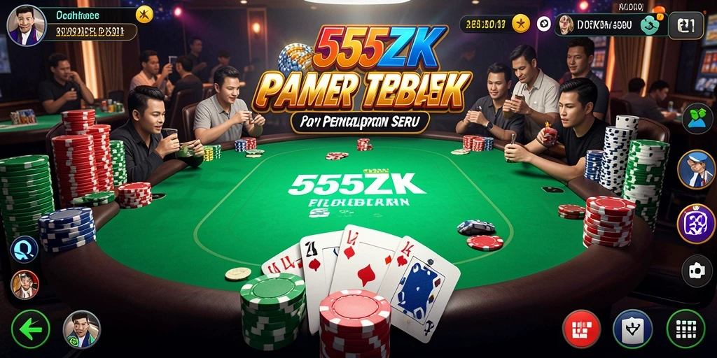 Tampilan screenshot utama 555ZK menunjukkan gameplay poker yang menegangkan.