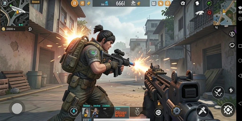 Screenshot utama menampilkan aksi menembak seru dalam game FPS.